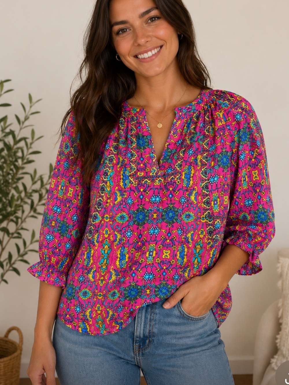 Persaman 3/4 Sleeves Floral Blouse Size Small